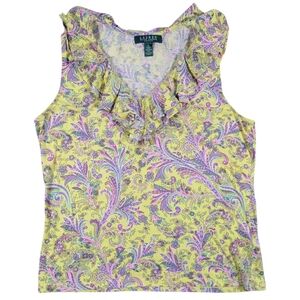 Ralph Lauren Sleeveless Blouse Women Petite L Yellow Paisley Ruffled V Neck Tank